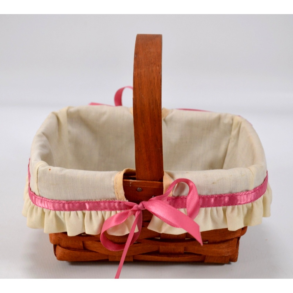 Longaberger Vintage 1989‎ Basket With Attached Handle Liner Pink Ribbon